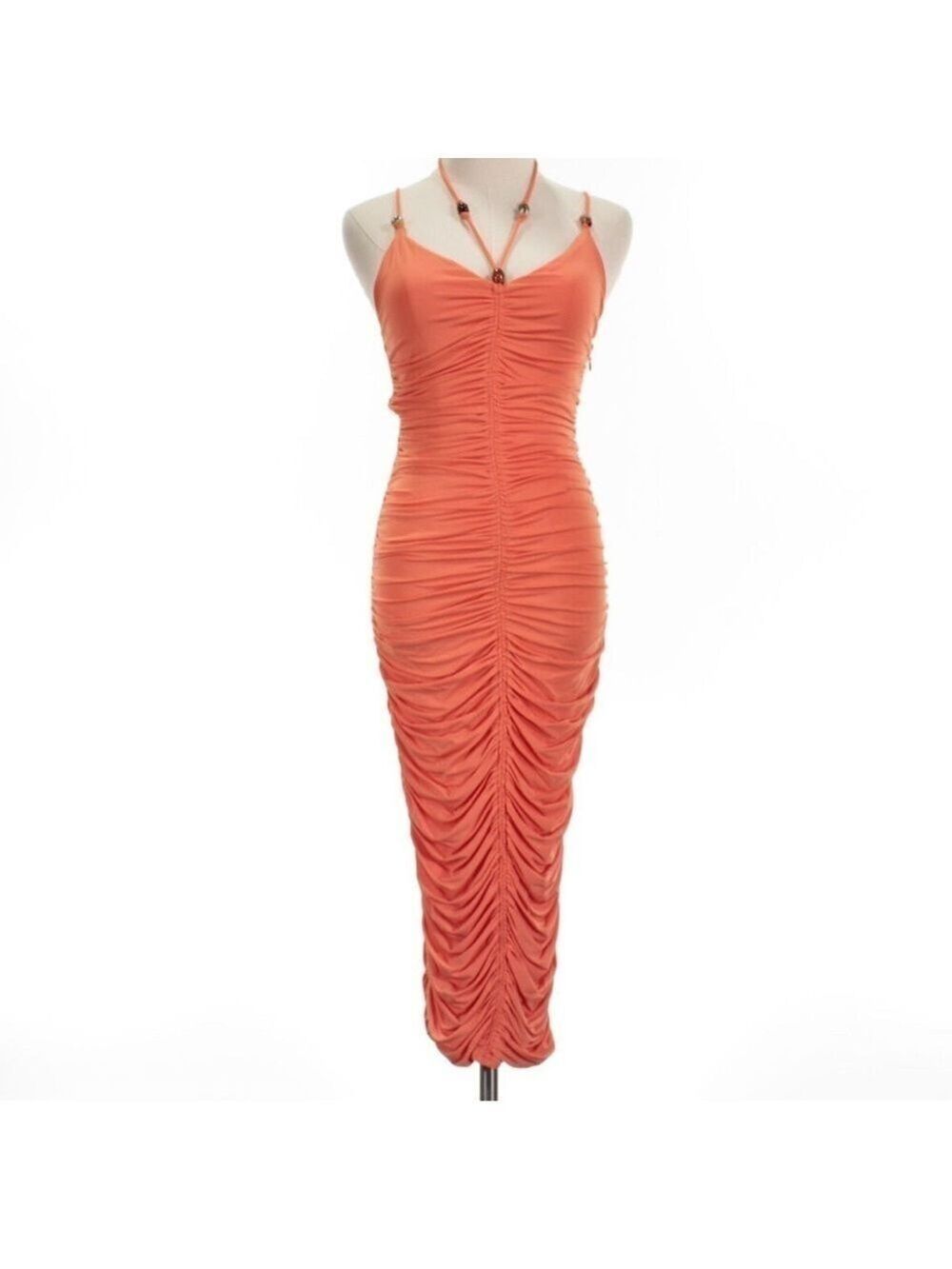 A.L.C. Allegra Ruched Embellished Halter Bodycon Sangria Orange Midi Dress Small - Picture 5 of 16